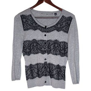 Anthro Knitted & Knotted Gray Lace Ruled Cardigan Small 6% Silk Black Lace